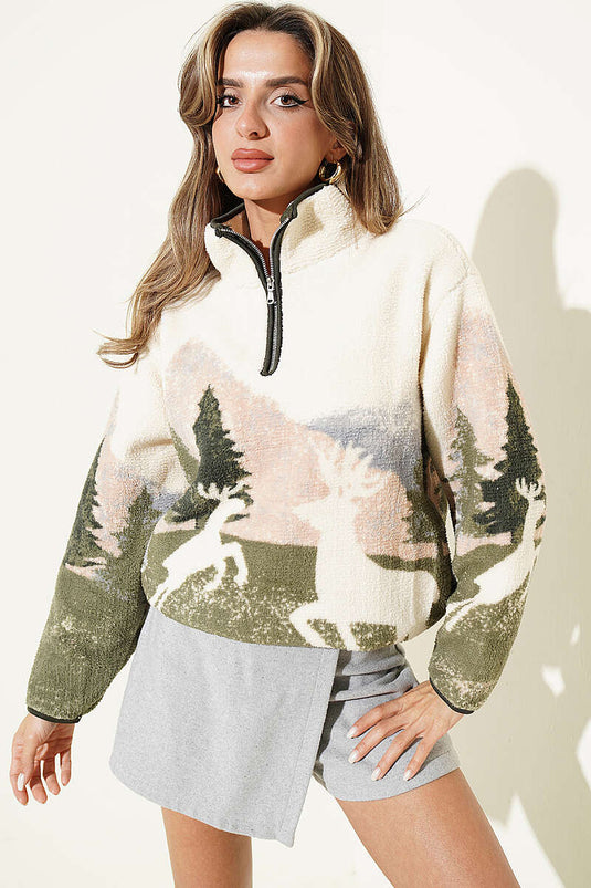 Felpa Beige Con Mezza Zip E Stampa Di Cervo