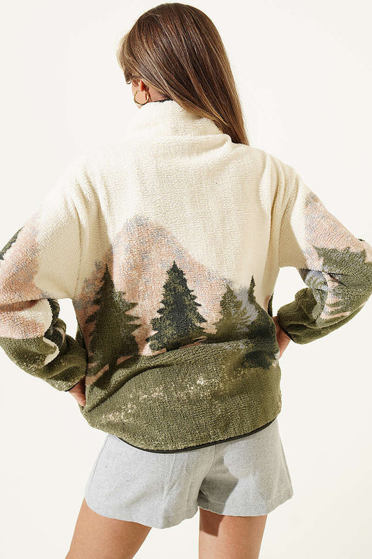 Felpa Beige Con Mezza Zip E Stampa Di Cervo