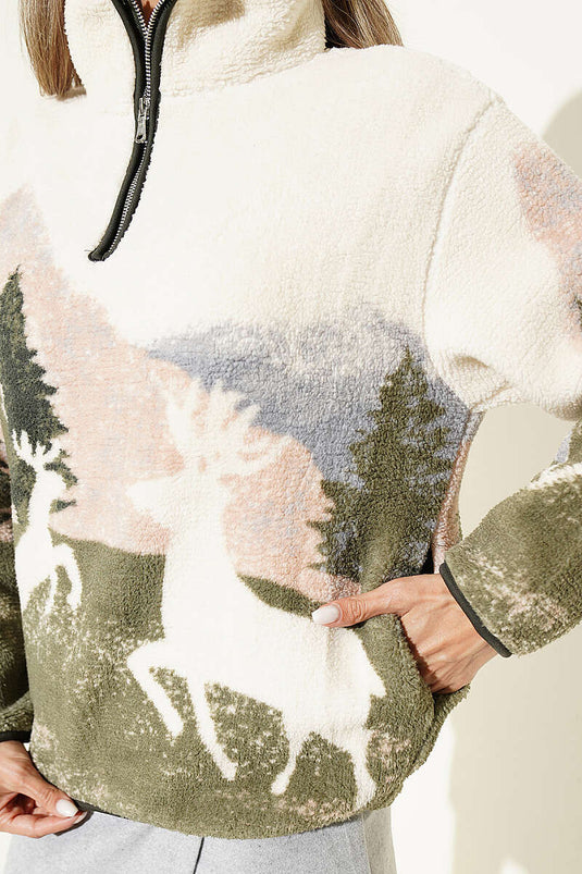 Felpa Beige Con Mezza Zip E Stampa Di Cervo