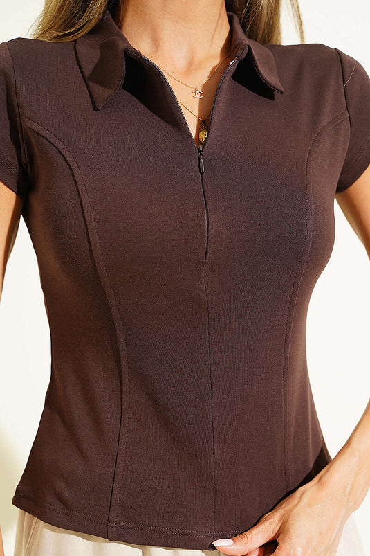 Yarım Fermuarlı Gömlek Yaka T-shirt Kahve
