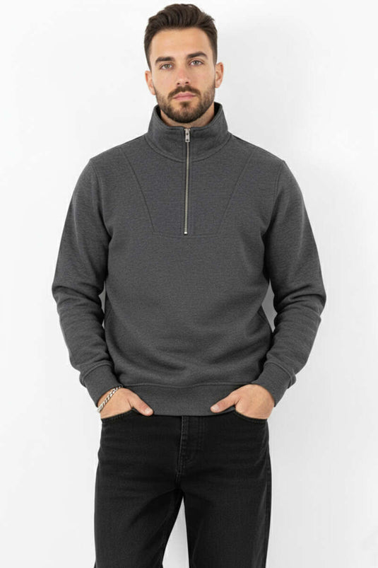 Yarım Fermuarlı İki İpli Erkek Sweatshirt Antrasit
