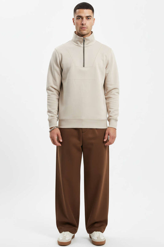 Yarım Fermuarlı İki İpli Erkek Sweatshirt Bej