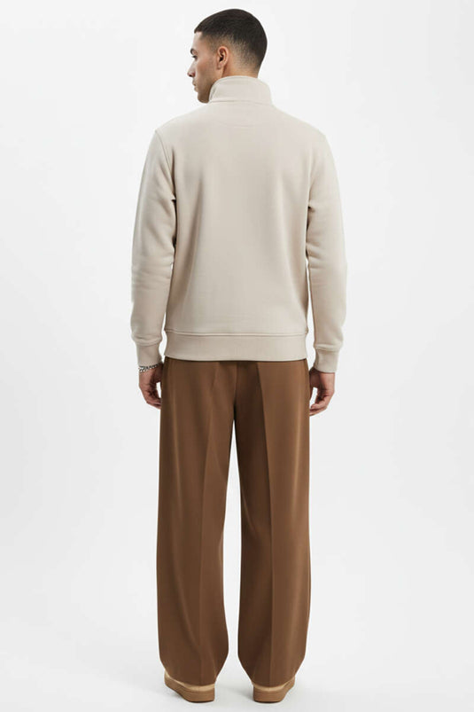 Yarım Fermuarlı İki İpli Erkek Sweatshirt Bej