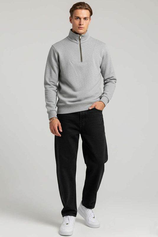 Yarım Fermuarlı İki İpli Erkek Sweatshirt Gri