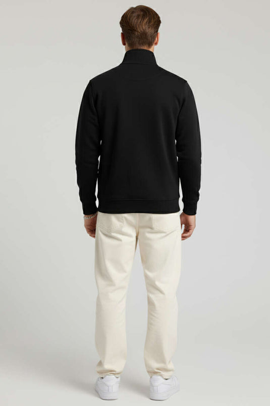 Yarım Fermuarlı İki İpli Erkek Sweatshirt Siyah
