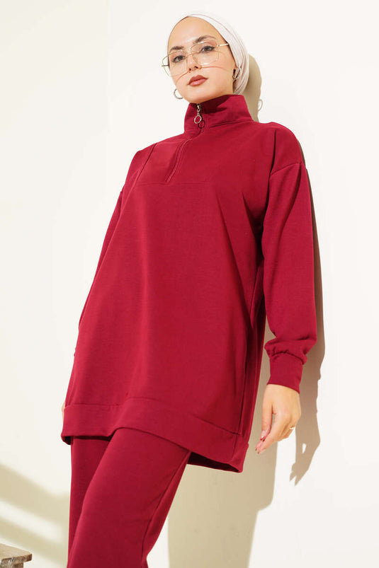 Two-Piece Set with Half-Zip, Two-Drawstring, Burgundy