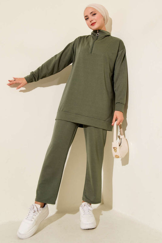 Two-Piece Set with Half-Zip and Two-Drawstring, Khaki
