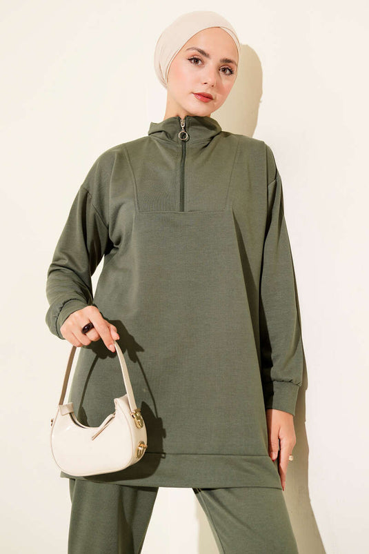 Two-Piece Set with Half-Zip and Two-Drawstring, Khaki