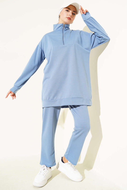 Ensemble deux pièces indigo à demi-zip et deux cordons de serrage