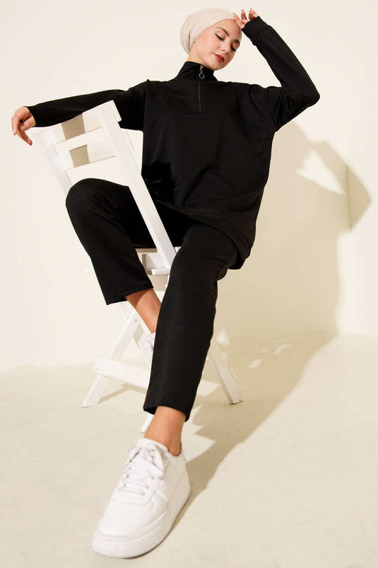 Two-Piece Set with Half-Zip and Two-Drawstring, Black