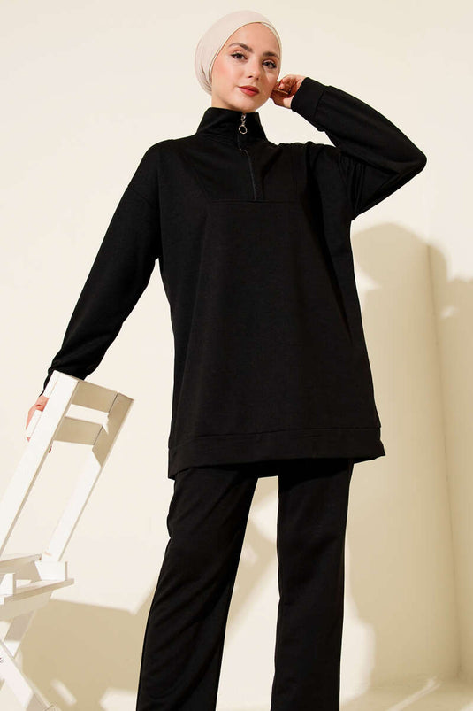 Two-Piece Set with Half-Zip and Two-Drawstring, Black