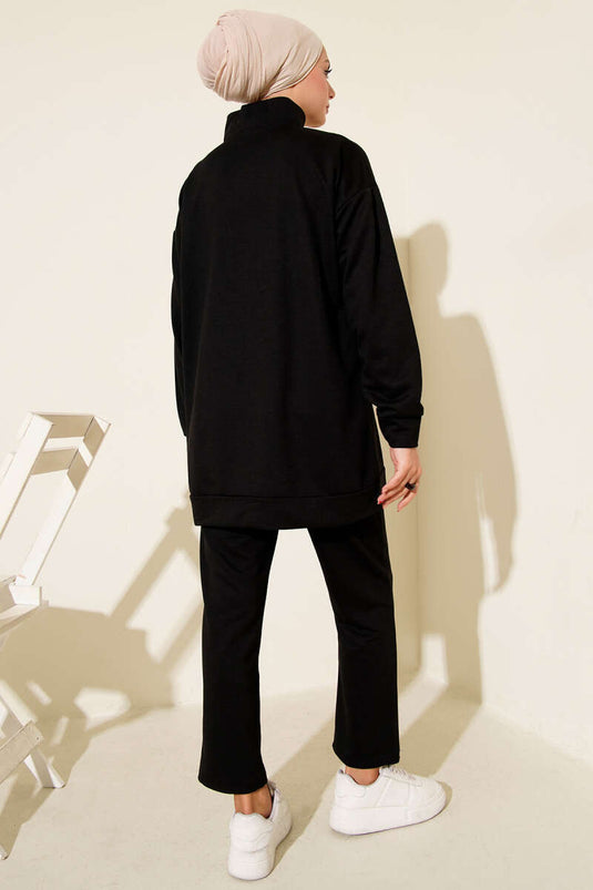 Two-Piece Set with Half-Zip and Two-Drawstring, Black