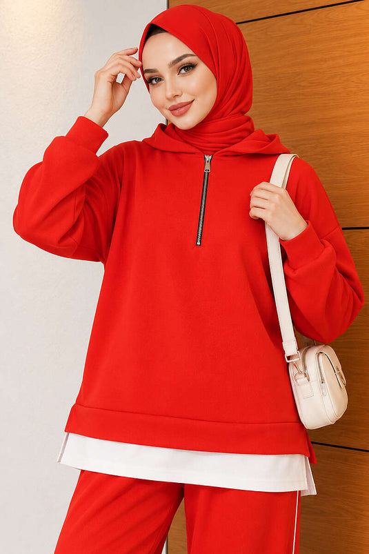 Conjunto De Sudadera Con Capucha De Media Cremallera Roja