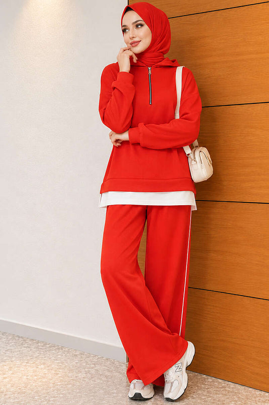 Conjunto De Sudadera Con Capucha De Media Cremallera Roja