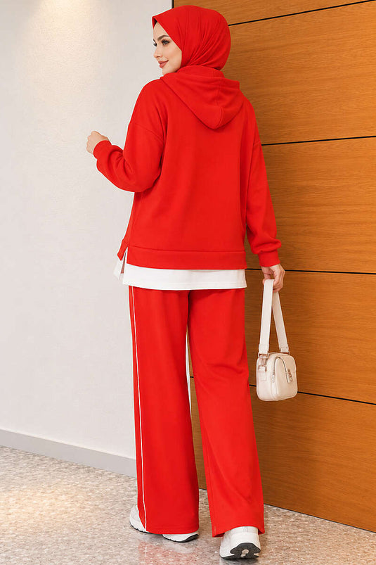 Conjunto De Sudadera Con Capucha De Media Cremallera Roja