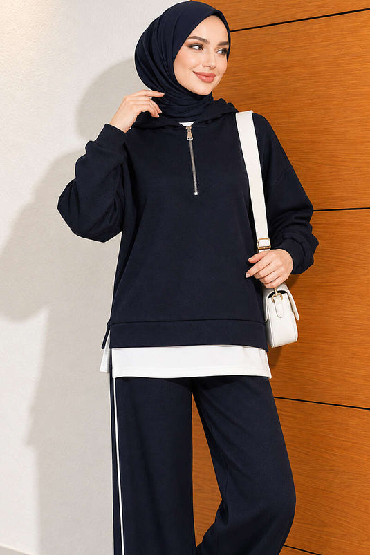 Hoodie Met Halve Rits In Navyblauw