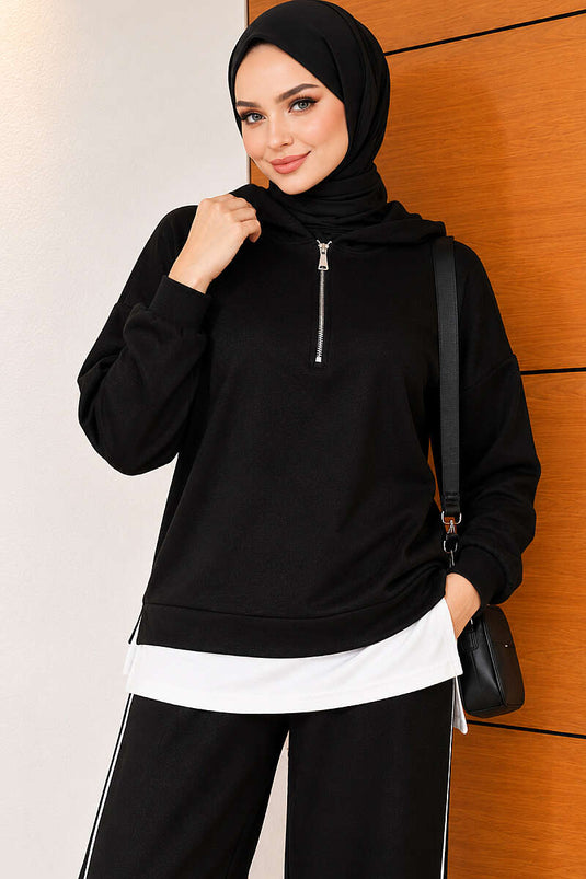 Schwarzes Zweiteiliger Hoodie Mit Reißverschluss Und Kapuze