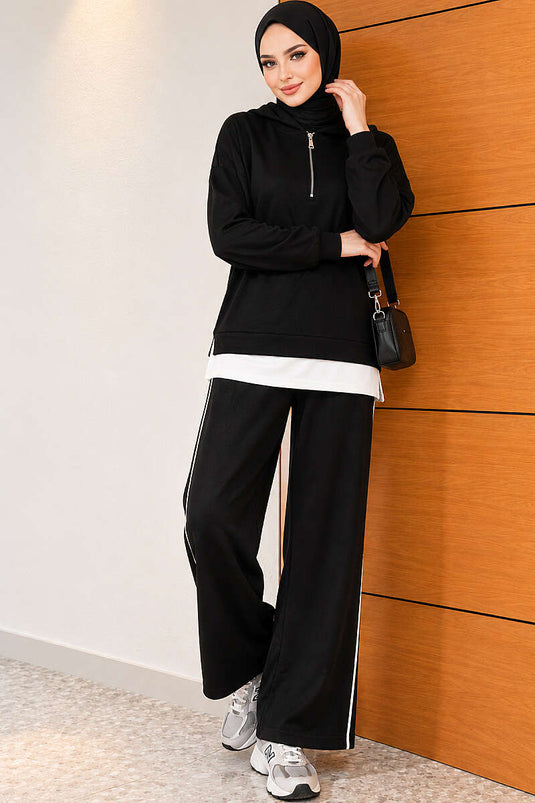 Schwarzes Zweiteiliger Hoodie Mit Reißverschluss Und Kapuze
