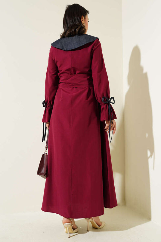 Yarım Fermuarlı Kot Yaka Terikoton Elbise Bordo