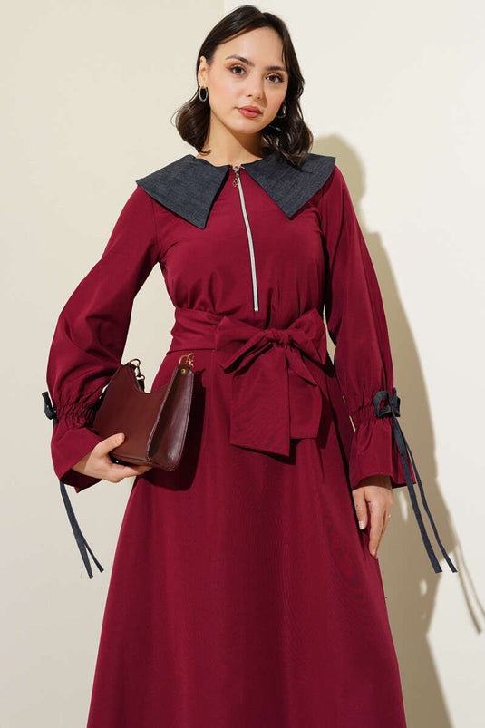 Yarım Fermuarlı Kot Yaka Terikoton Elbise Bordo