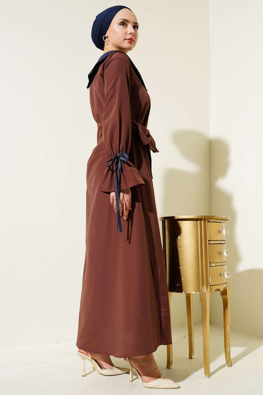 Yarım Fermuarlı Kot Yaka Terikoton Elbise Kahve