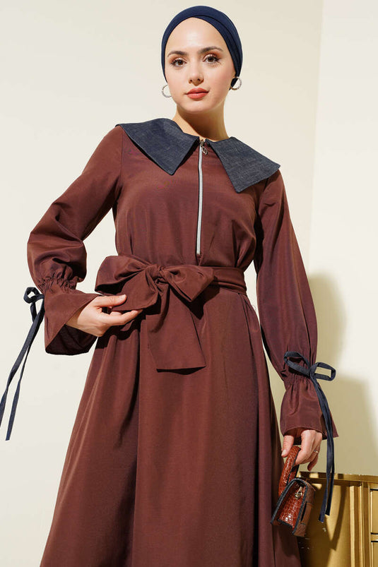 Yarım Fermuarlı Kot Yaka Terikoton Elbise Kahve