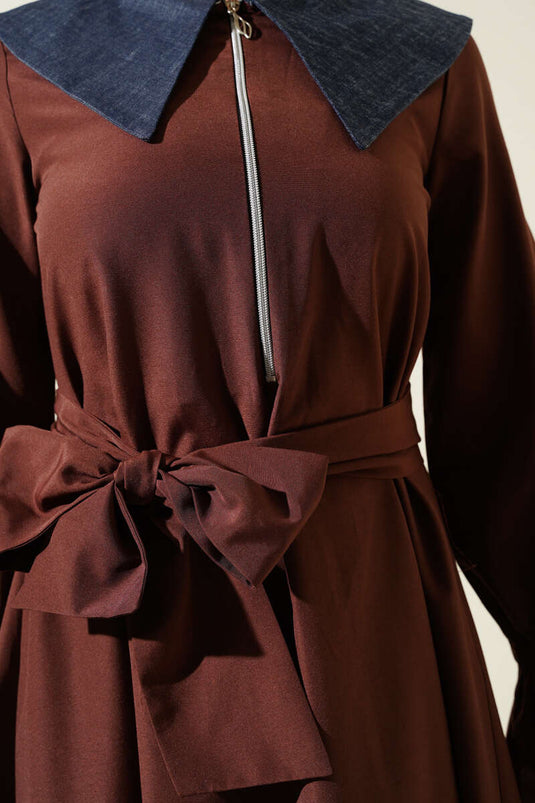 Yarım Fermuarlı Kot Yaka Terikoton Elbise Kahve