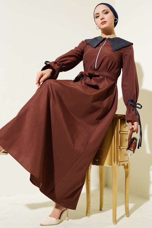 Yarım Fermuarlı Kot Yaka Terikoton Elbise Kahve