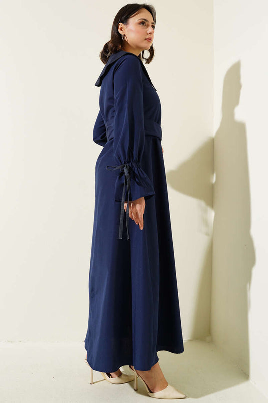 Yarım Fermuarlı Kot Yaka Terikoton Elbise Lacivert