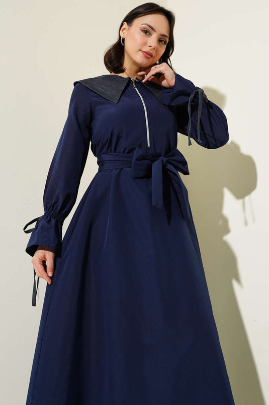 Yarım Fermuarlı Kot Yaka Terikoton Elbise Lacivert