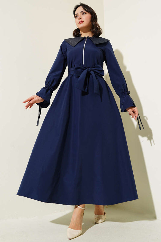 Yarım Fermuarlı Kot Yaka Terikoton Elbise Lacivert