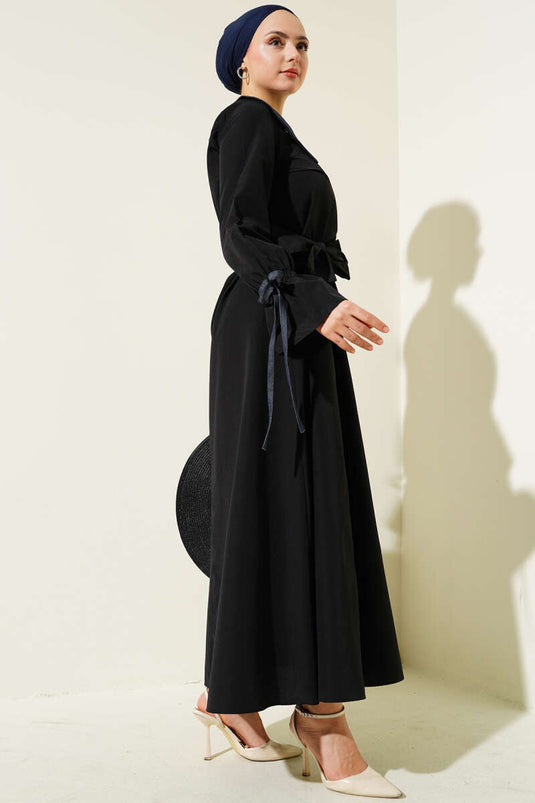 Half Zipper Denim Collar Terikoton Dress Black