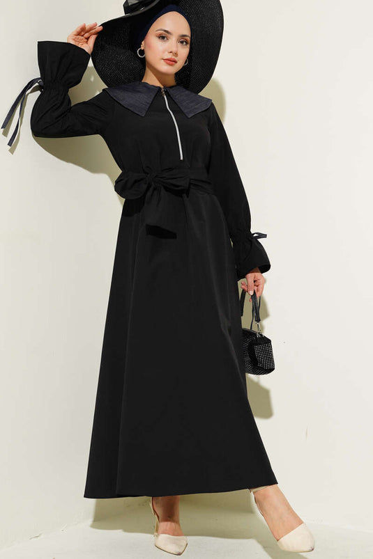 Half Zipper Denim Collar Terikoton Dress Black