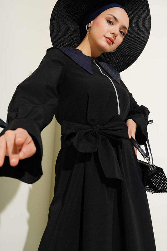 Half Zipper Denim Collar Terikoton Dress Black