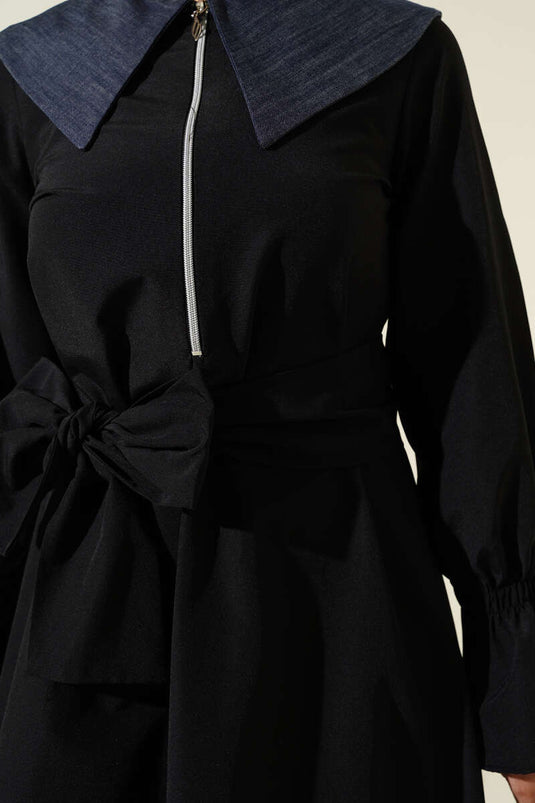 Half Zipper Denim Collar Terikoton Dress Black
