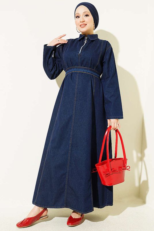 Robe En Jean Bicolore À Fermeture Éclair Et Ceinture Marine