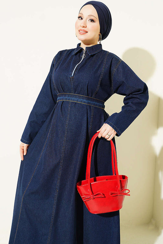 Robe En Jean Bicolore À Fermeture Éclair Et Ceinture Marine