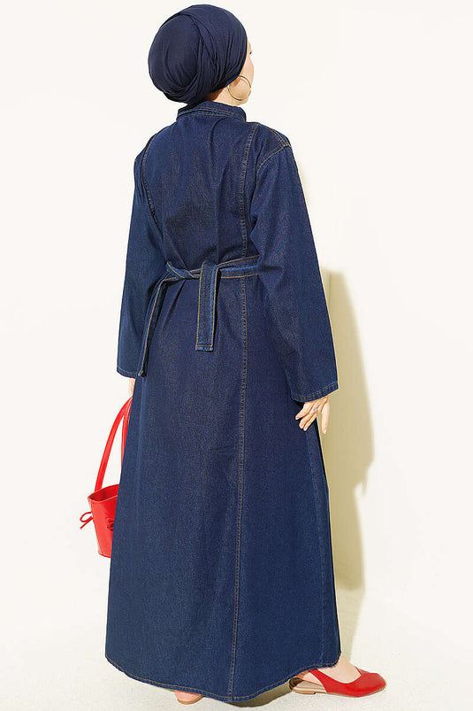 Robe En Jean Bicolore À Fermeture Éclair Et Ceinture Marine