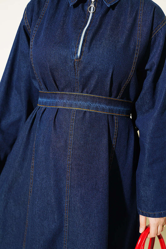 Robe En Jean Bicolore À Fermeture Éclair Et Ceinture Marine