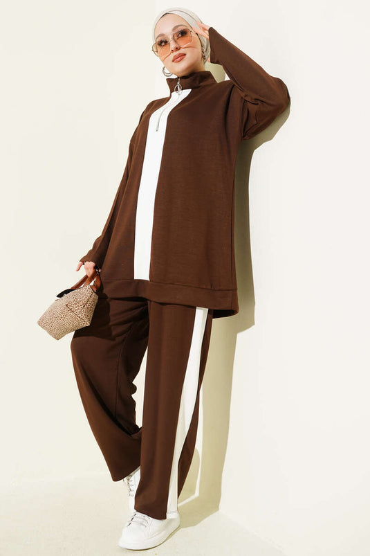 Yarım Fermuarlı Loyşa Şeritli İkili Takım Kahve