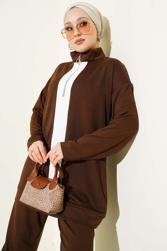 Yarım Fermuarlı Loyşa Şeritli İkili Takım Kahve