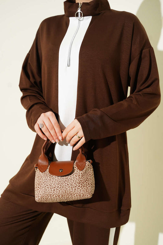 Yarım Fermuarlı Loyşa Şeritli İkili Takım Kahve