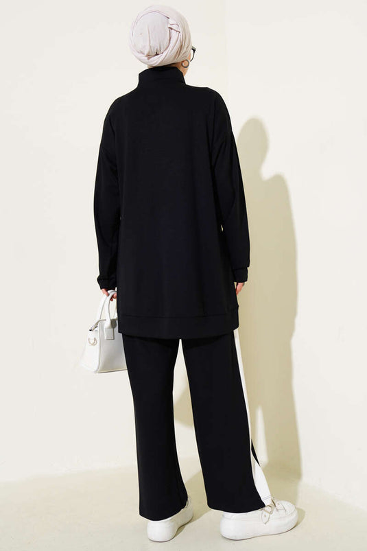 Half Zippered Loysha Striped Two Piece Suit Black