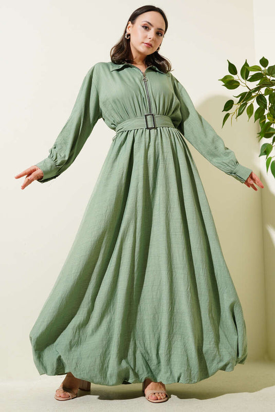 Mevlana-Kleid mit halbem Reißverschluss Mandelgrün