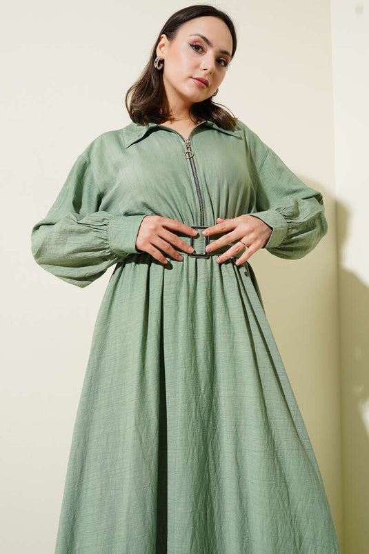 Mevlana-Kleid mit halbem Reißverschluss Mandelgrün