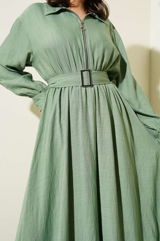 Mevlana-Kleid mit halbem Reißverschluss Mandelgrün