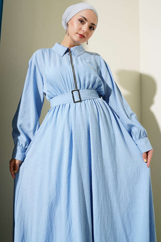Yarım Fermuarlı Mevlana Elbise Mavi