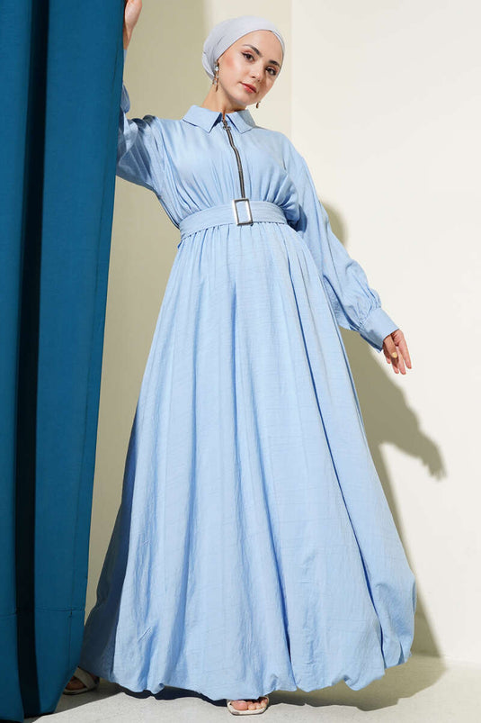 Yarım Fermuarlı Mevlana Elbise Mavi