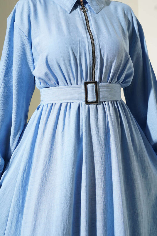 Yarım Fermuarlı Mevlana Elbise Mavi