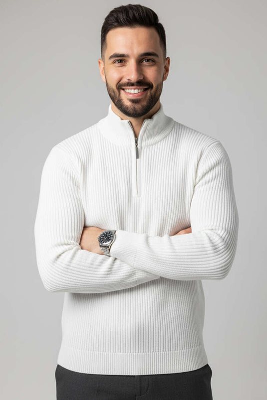 Herren-Strickpullover mit halbem Reißverschluss, Ecru